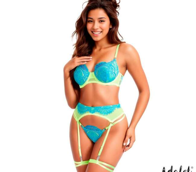 Harlow Bra, Garter, Panties and Leg Ring Set Yellow and Blue